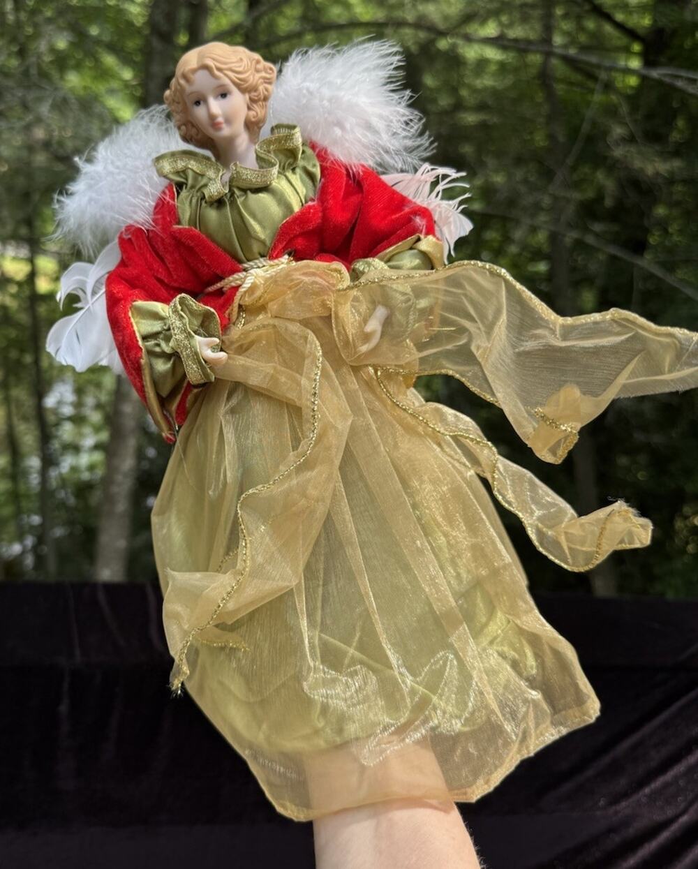 Gorgeous Vintage Ceramic Angel Christmas Tree Topper Figurine Gold Fabric